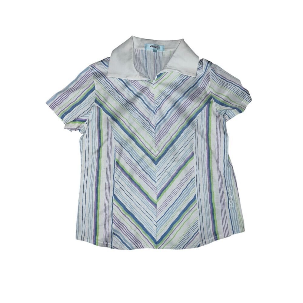 Kenzo Women's Striped Polo Top Sz 1 | Preppy Collar Coastal Golf Tennis